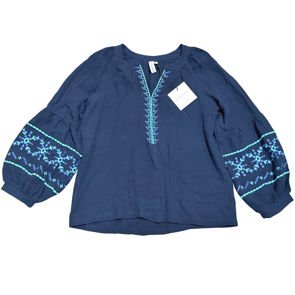 Grace + Karma Embroidered Peasant Blouse Womens M Medium Long Sleeve Cotton Blue